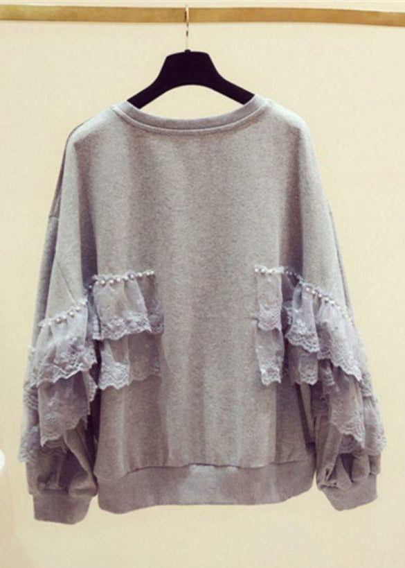 Loose Grey Pearl Lace Patchwork Cotton Streetwear Spring