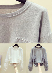 Loose Grey Pearl Lace Patchwork Cotton Streetwear Spring