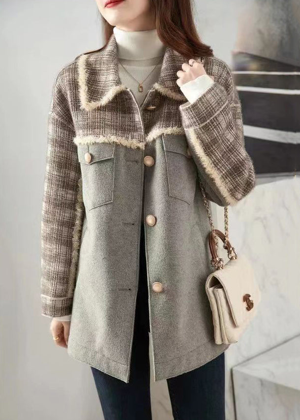 Loose Grey Peter Pan Collar Button Pockets Woolen Coat Winter