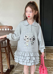 Loose Grey Peter Pan Collar Print Sequins Kids Long Dress Spring