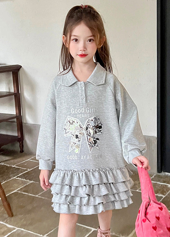 Loose Grey Peter Pan Collar Print Sequins Kids Long Dress Spring