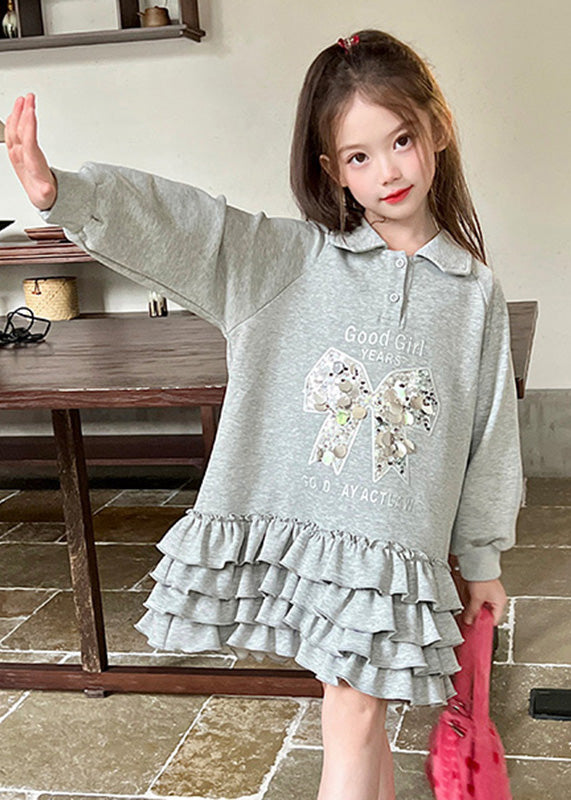 Loose Grey Peter Pan Collar Print Sequins Kids Long Dress Spring