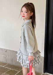 Loose Grey Peter Pan Collar Print Sequins Kids Long Dress Spring