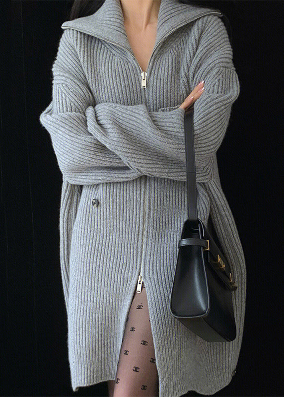 Loose Grey Peter Pan Collar Zip Up Knit Sweater Dress Fall