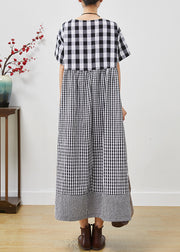 Loose Grey Plaid Patchwork Cotton Long Dress Summer