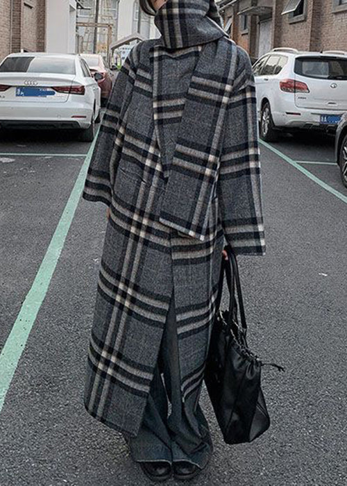 Loose Grey Plaid Patchwork Scarf And Coat Two Pieces Set Long Sleeve