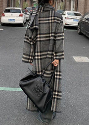 Loose Grey Plaid Patchwork Scarf And Coat Two Pieces Set Long Sleeve