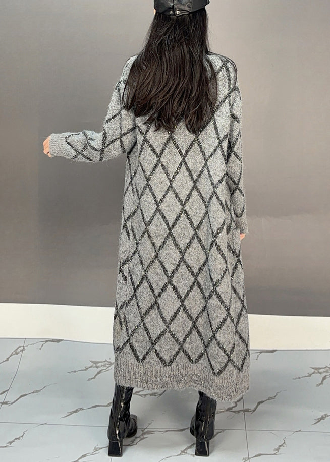 Loose Grey Plaid Pockets Cotton Knit Loose Cardigan Spring