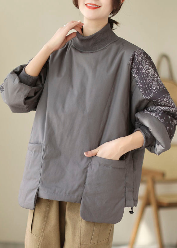 Loose Grey Pockets Patchwork Fine Cotton Filled Sweatshirts Winter