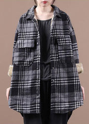 Loose Grey Pockets Plaid Thick Warm Fleece Shirt Coats Winter