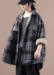 Loose Grey Pockets Plaid Thick Warm Fleece Shirt Coats Winter