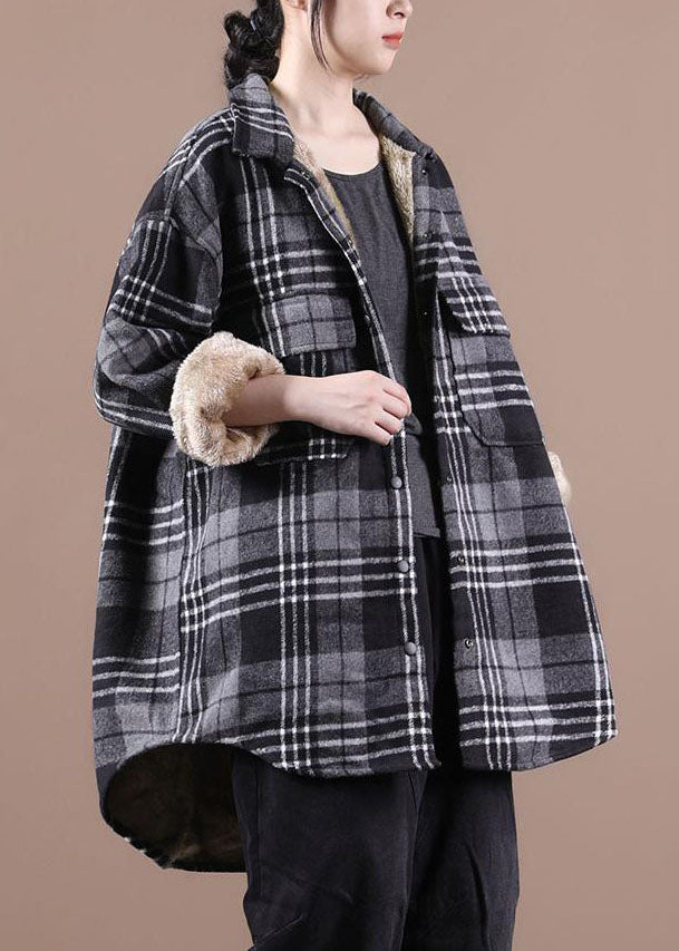 Loose Grey Pockets Plaid Thick Warm Fleece Shirt Coats Winter