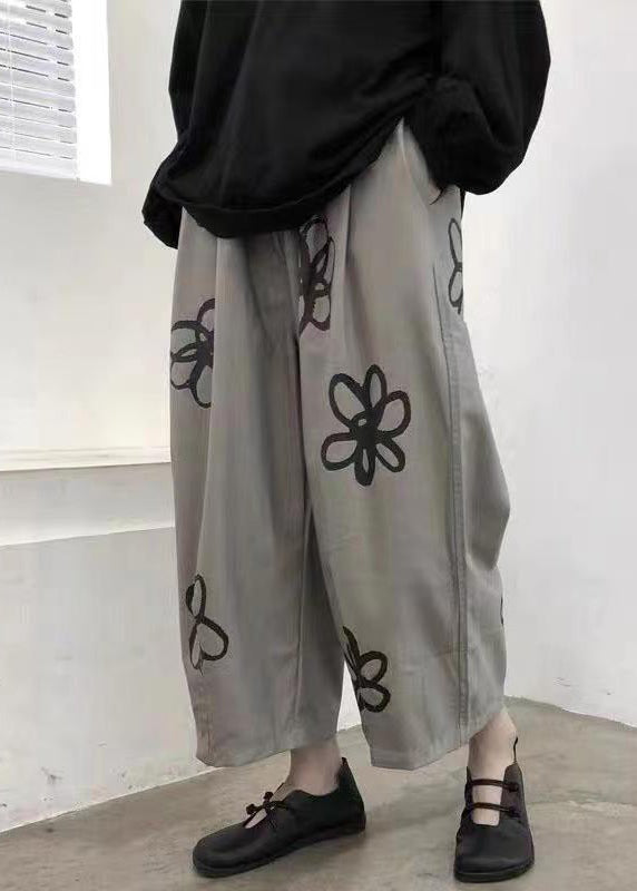 Loose Grey Pockets Print High Waist Cotton Crop Pants Spring