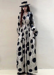 Loose Grey Print Lace Up Pockets Cotton Long Dresses Spring