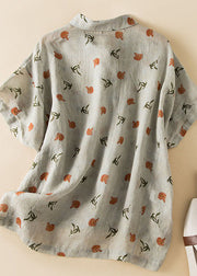 Loose Grey Print Peter Pan Collar Button Linen Blouse Top Summer