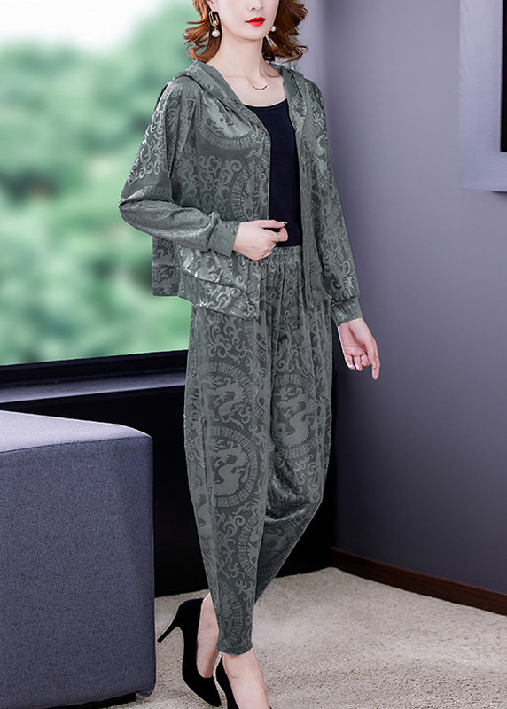 Loose Grey Print Silk Velour Coats And Harem Pants Two Pieces Set Fall