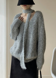 Loose Grey Scarf Hollow Out Cotton Knit Sweaters Winter