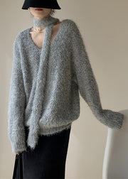 Loose Grey Scarf Hollow Out Cotton Knit Sweaters Spring