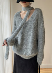 Loose Grey Scarf Hollow Out Cotton Knit Sweaters Spring