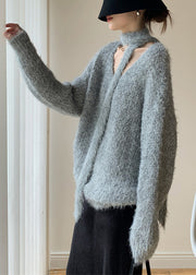 Loose Grey Scarf Hollow Out Cotton Knit Sweaters Spring