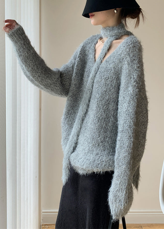 Loose Grey Scarf Hollow Out Cotton Knit Sweaters Winter