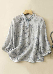 Loose Grey Stand Collar Button Print Cotton Shirt Bracelet Sleeve