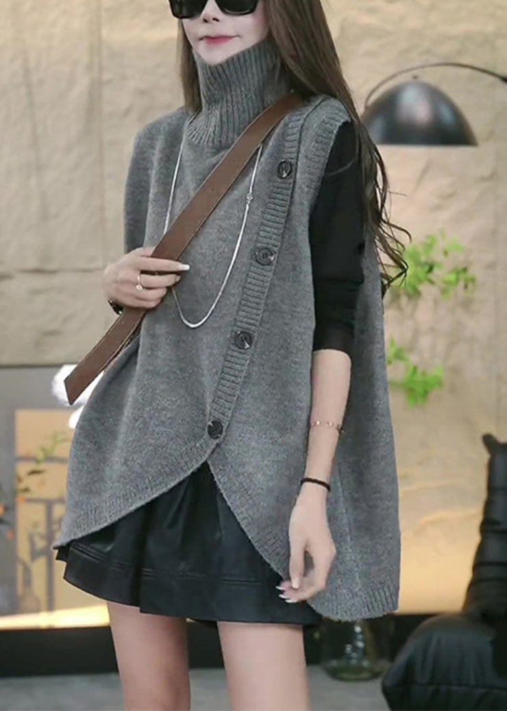 Loose Grey Turtleneck Asymmetrical Knit Waistcoat Sleeveless