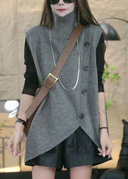 Loose Grey Turtleneck Asymmetrical Knit Waistcoat Sleeveless