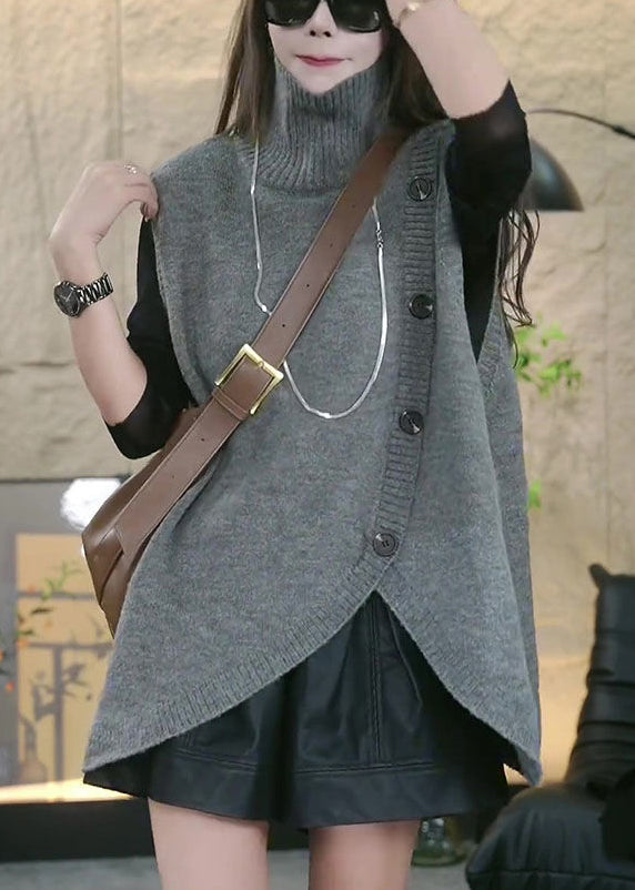 Loose Grey Turtleneck Asymmetrical Knit Waistcoat Sleeveless