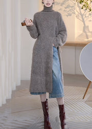 Loose Grey Turtleneck Front Open Mink Velvet Sweater Winter