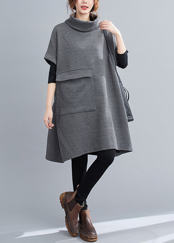 Loose Grey Turtleneck Pockets Patchwork Knit Mid Dresses Fall