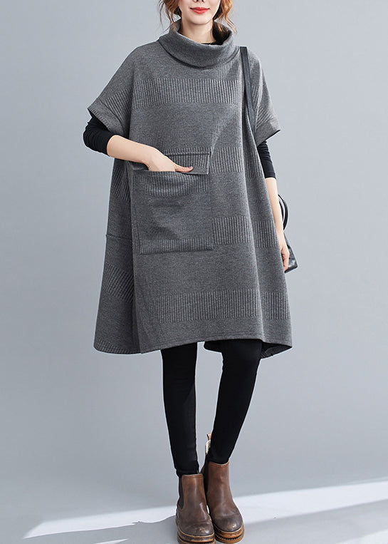 Loose Grey Turtleneck Pockets Patchwork Knit Mid Dresses Fall