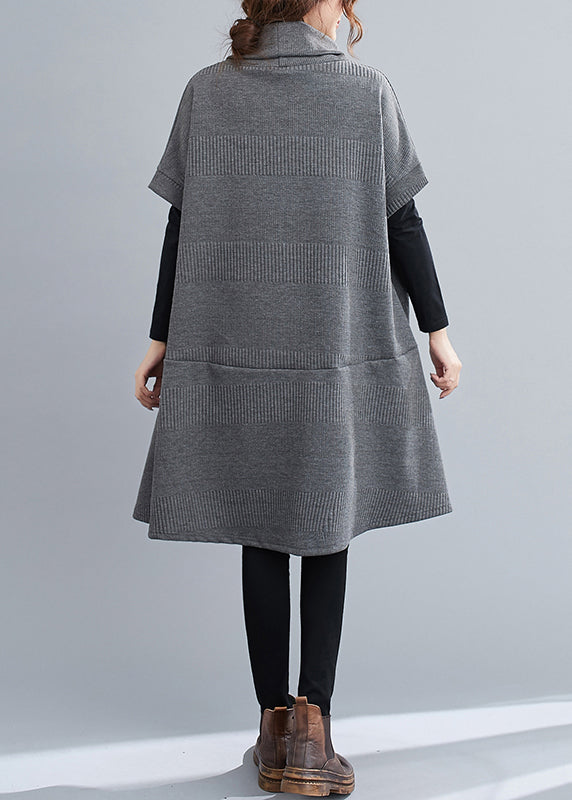 Loose Grey Turtleneck Pockets Patchwork Knit Mid Dresses Fall