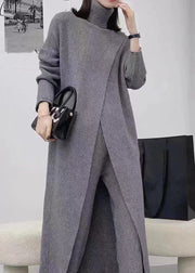 Loose Grey Turtleneck Side Open Patchwork Cotton Knit Two Pieces Set Fall