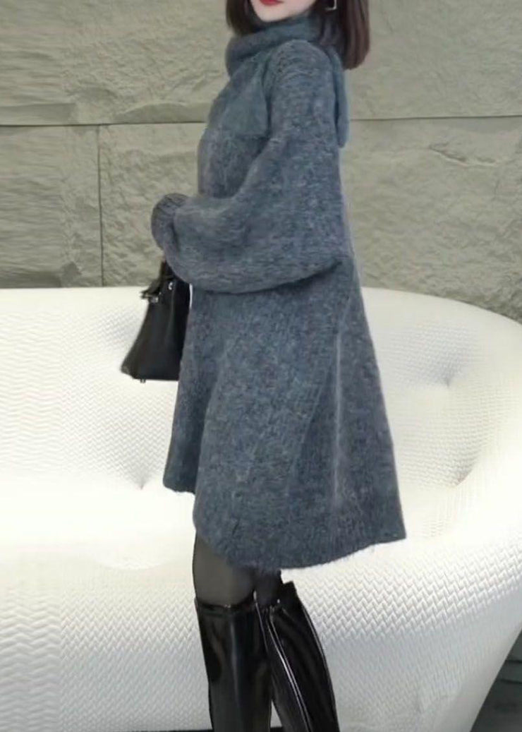 Loose Grey Turtleneck Solid Cozy Knit Sweater Dress Winter