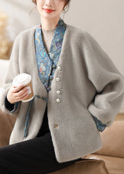 Loose Grey V Neck Button Patchwork Mink Velvet Coats Winter