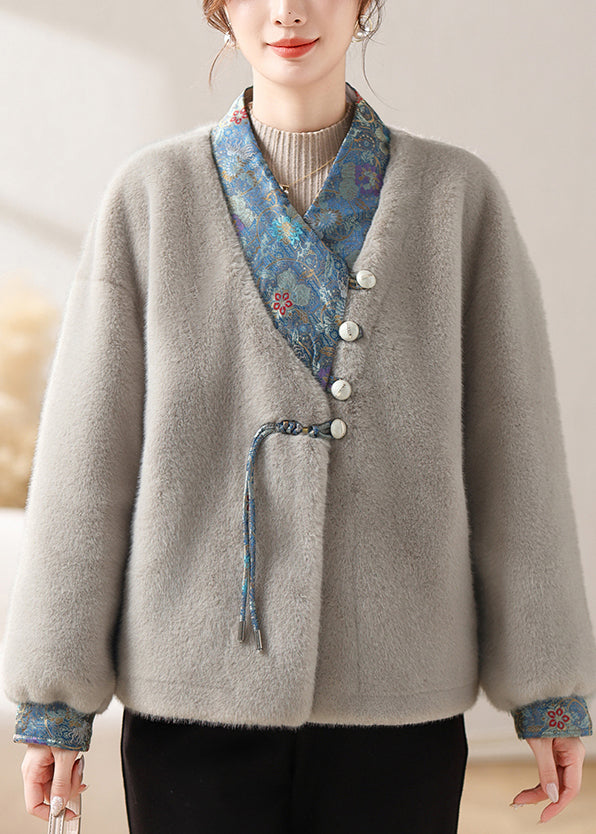 Loose Grey V Neck Button Patchwork Mink Velvet Coats Winter