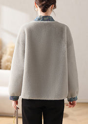 Loose Grey V Neck Button Patchwork Mink Velvet Coats Winter