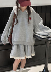 Loose Grey V Neck Cotton Kids Pullover And Skirts Two Piece Set Spring