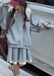 Loose Grey V Neck Cotton Kids Pullover And Skirts Two Piece Set Spring