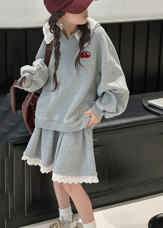 Loose Grey V Neck Cotton Kids Pullover And Skirts Two Piece Set Spring