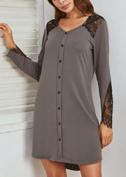 Loose Grey V Neck Lace Patchwork Cotton Pajamas Dress Spring