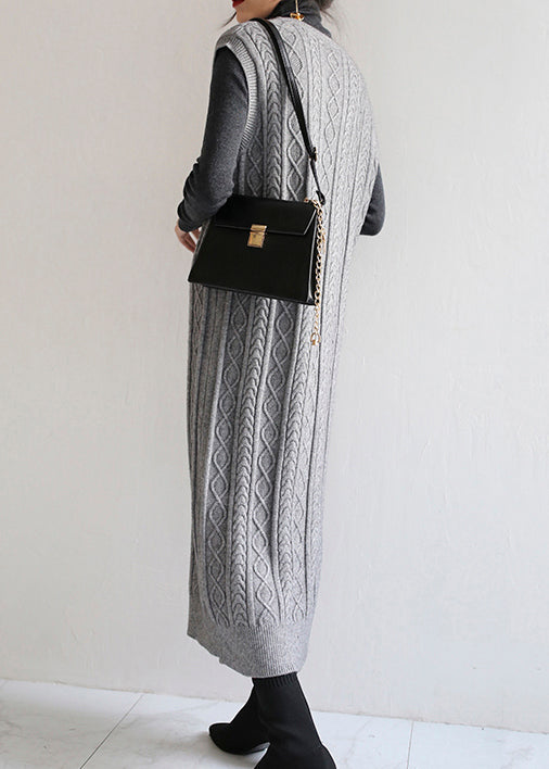 Loose Grey V Neck Patchwork Knit Long Dressess Sleeveless