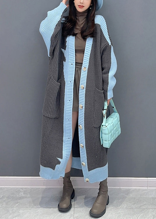 Loose Grey V Neck Pockets Patchwork Long Knit Cardigan Fall