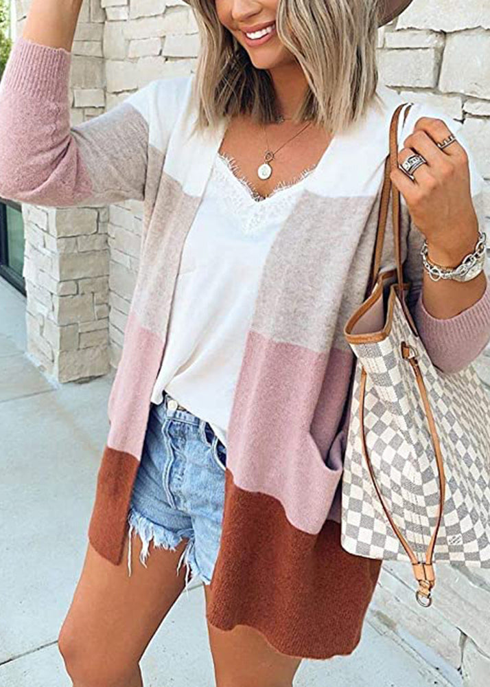 Loose Grey V Neck Striped Pockets Knit Cardigan Fall