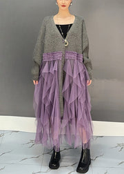 Loose Grey V Neck Tulle Patchwork Knit Cardigan Dress Spring