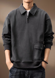 Loose Grey Zip Up Pockets Cotton Men Sweatshirt Spring