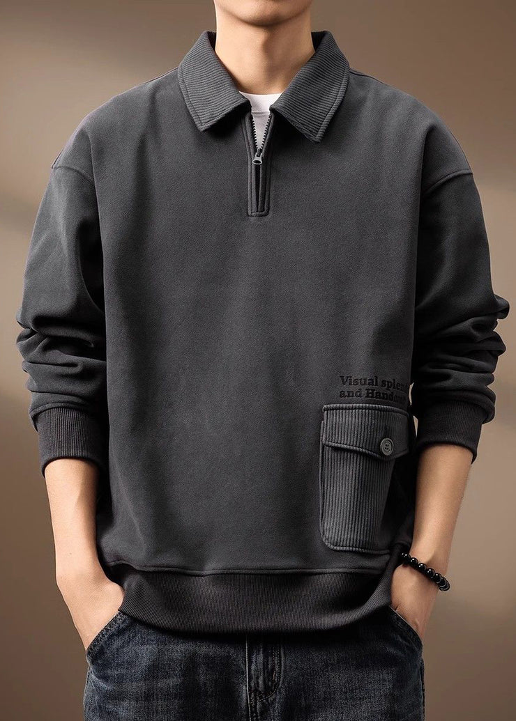 Loose Grey Zip Up Pockets Cotton Men Sweatshirt Spring