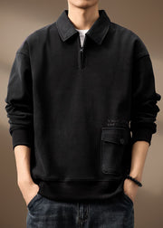 Loose Grey Zip Up Pockets Cotton Men Sweatshirt Spring