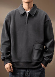 Loose Grey Zip Up Pockets Cotton Men Sweatshirt Spring